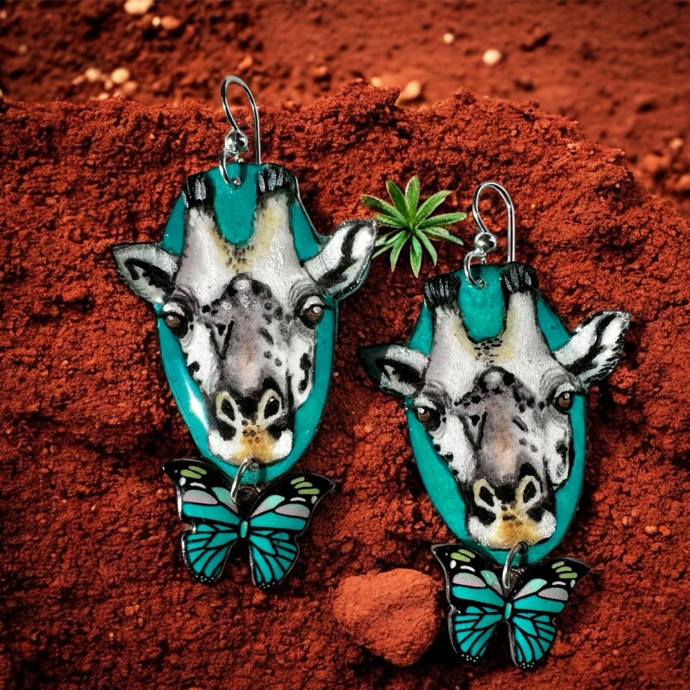 Hand painted giraffe face pierced earrings, sterling wires, lightweight wildlife